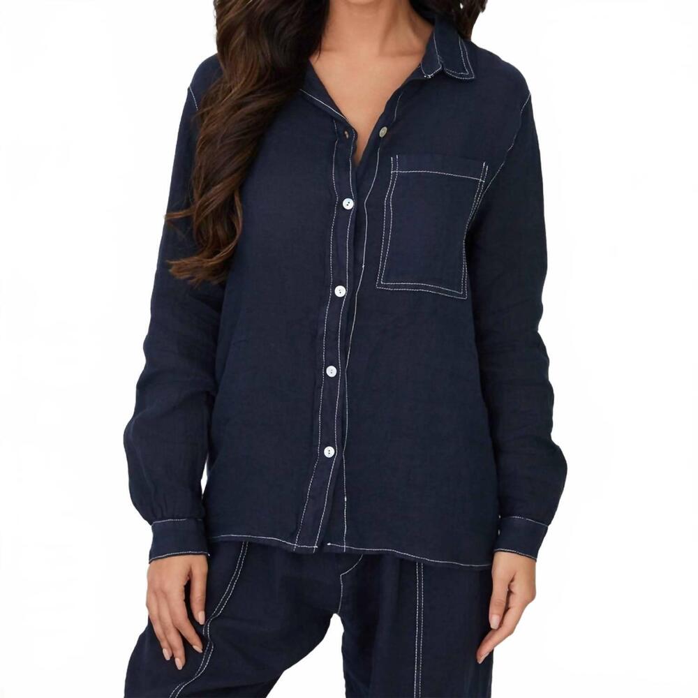 NEW MILIO MILANO edge stitch linen button down shirt in navy